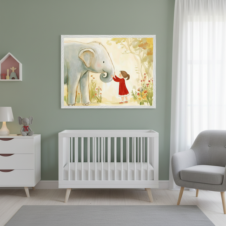 Modern nursery with a sage green wall. A large framed watercolor print of a little girl in a red dress touching an elephant's trunk in a forest scene hangs above a white crib. A white dresser is on the left, and a gray armchair is on the right.