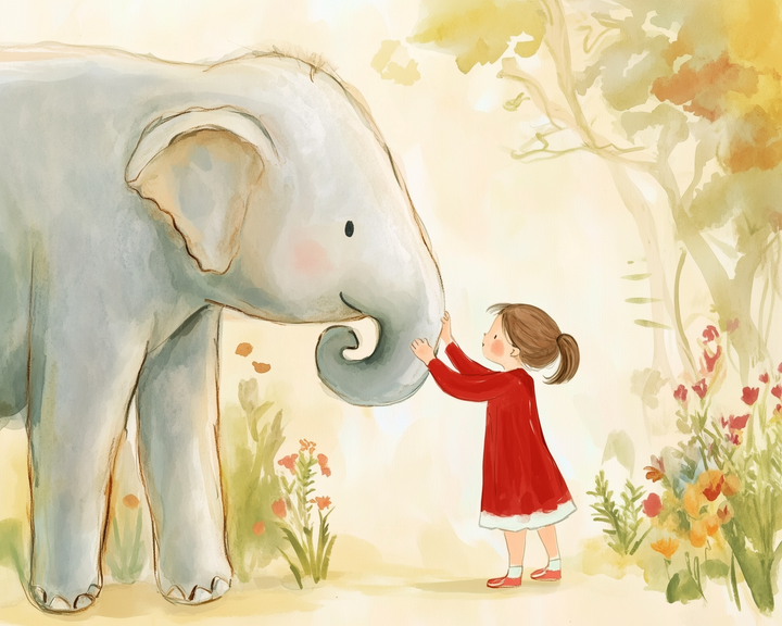 A watercolor illustration depicts a young girl in a red dress gently touching the trunk of a large, friendly-looking elephant. They are surrounded by colorful flowers and soft, pastel trees, creating a whimsical and serene atmosphere.