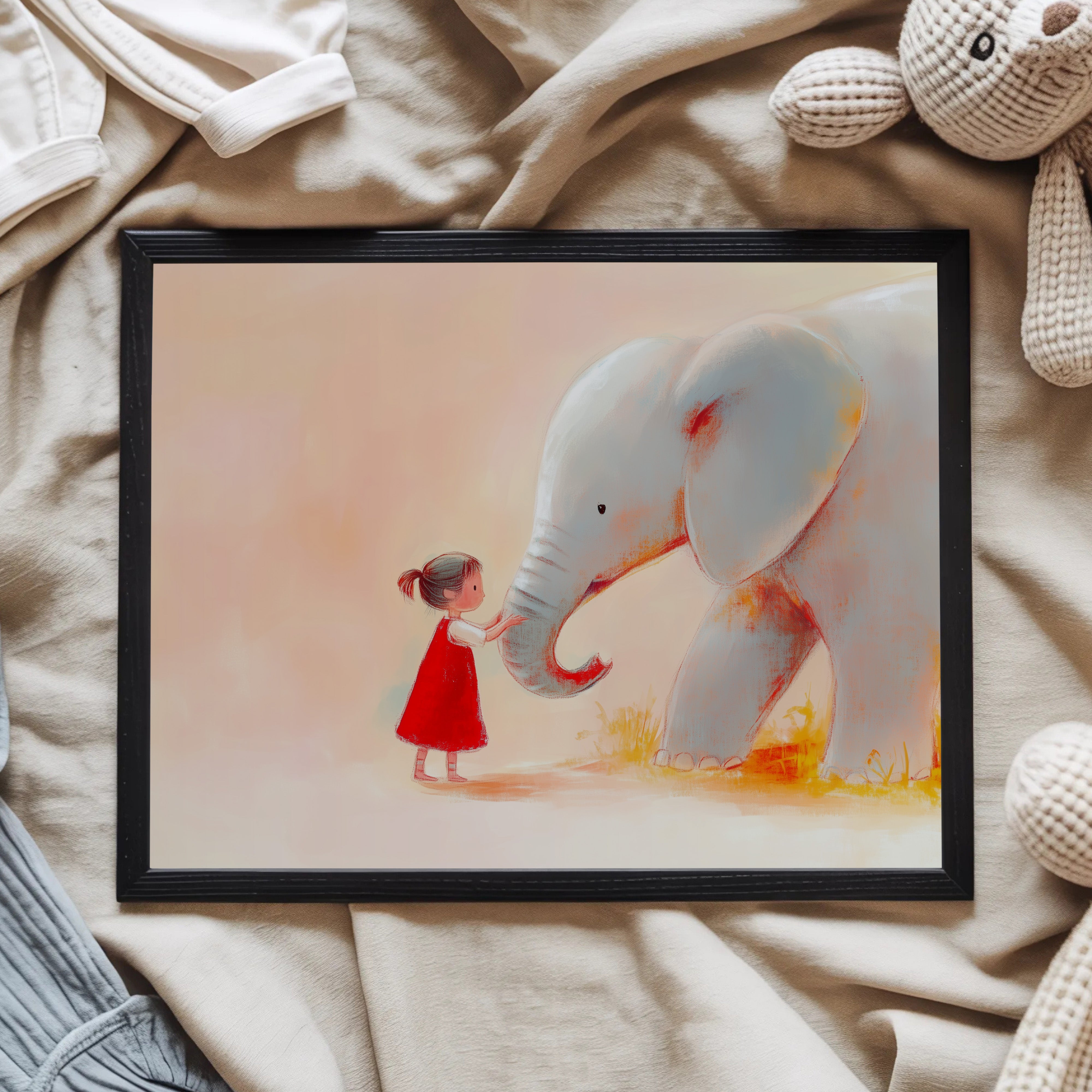 Affectionate Elephant Wall Art for Nursery, Playroom or Kids Bedrooms - Sweet Friendship Illustration - Little Big