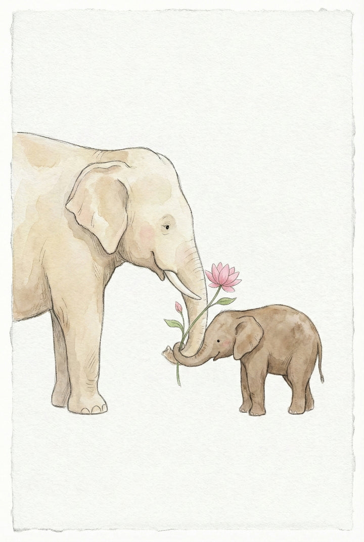 A watercolor-style illustration of a large, cream-colored elephant and a small, brown baby elephant on a white, textured background. The baby elephant uses its trunk to offer a pink lotus-like flower to the larger elephant. Both animals have soft expressions and subtle blushes on their cheeks. The artwork features delicate pencil outlines and soft, muted washes of color. The entire scene is presented on a paper-like surface with a deckled edge.