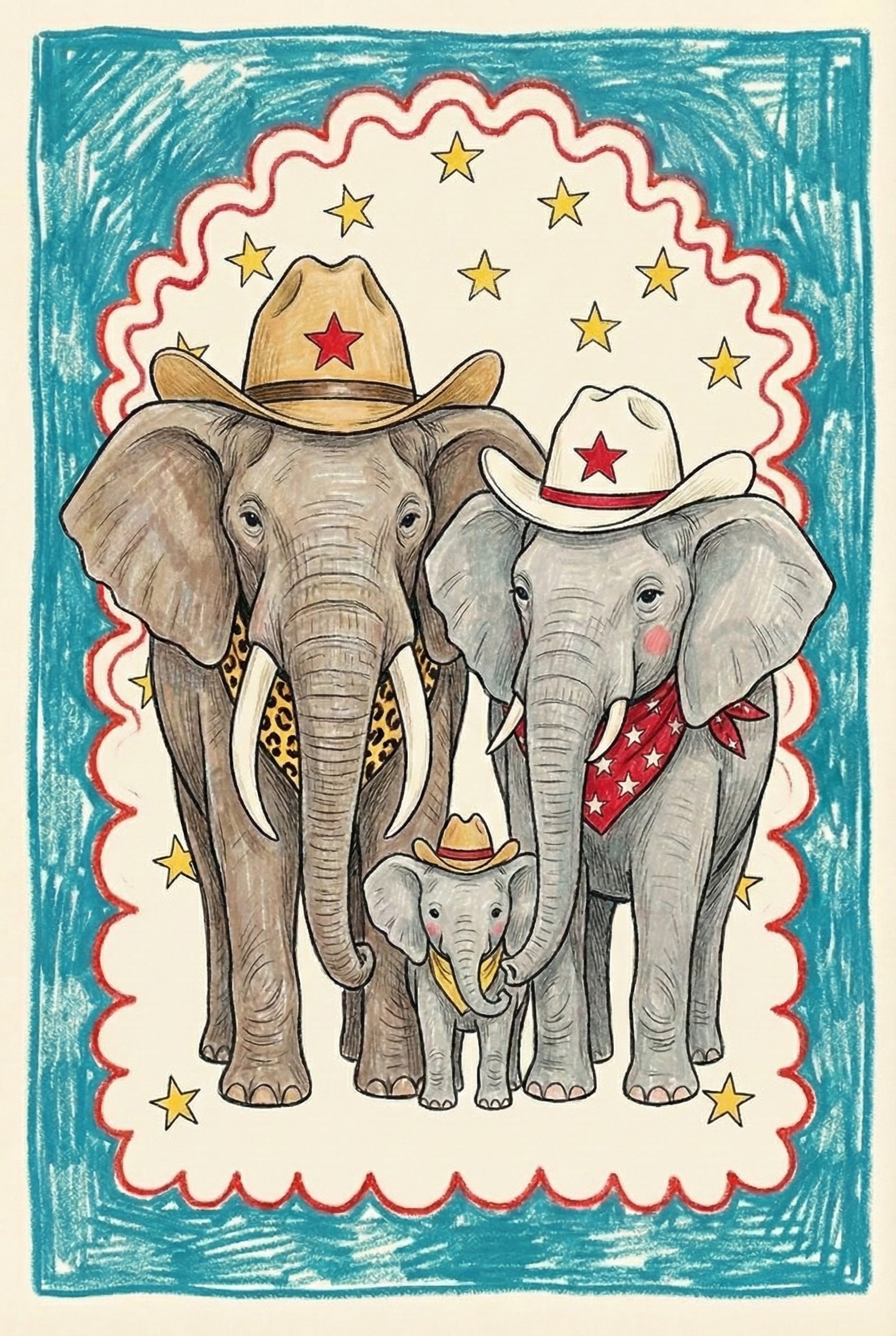 Whimsical illustration of an elephant family dressed in cowboy outfits, featuring two adult elephants wearing star-stamped hats and patterned bandanas, and a baby elephant in a small cowboy hat and yellow neckerchief. The background is sprinkled with yellow stars and framed with a scalloped blue and red crayon-textured border, adding a playful Western charm.