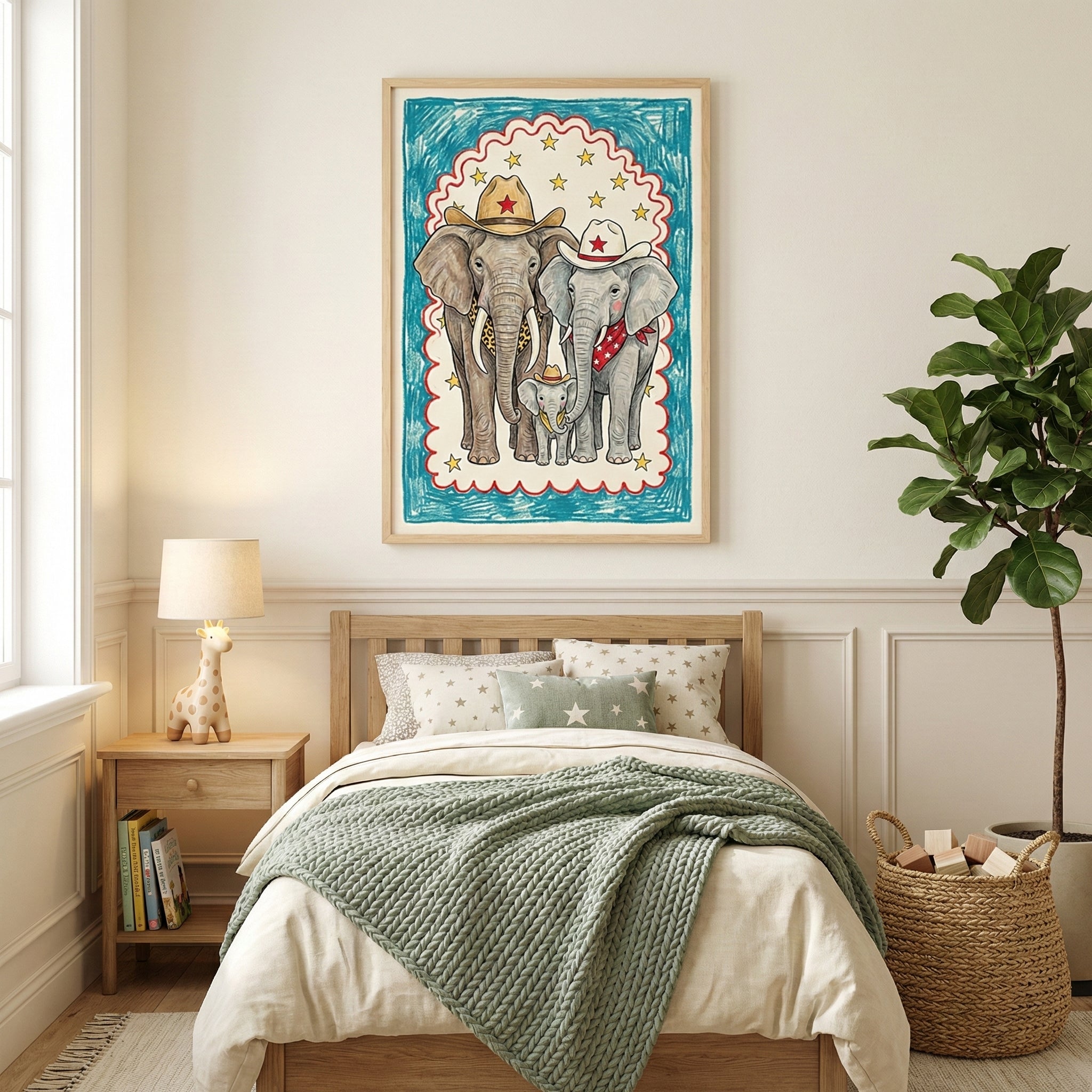 Children’s bedroom with a wooden bed and cozy decor, featuring a large framed artwork of three elephants in cowboy hats and western accessories hanging above the headboard. The room has a soft, playful vibe with a stuffed giraffe lamp, green knit blanket, and a basket of wooden blocks.