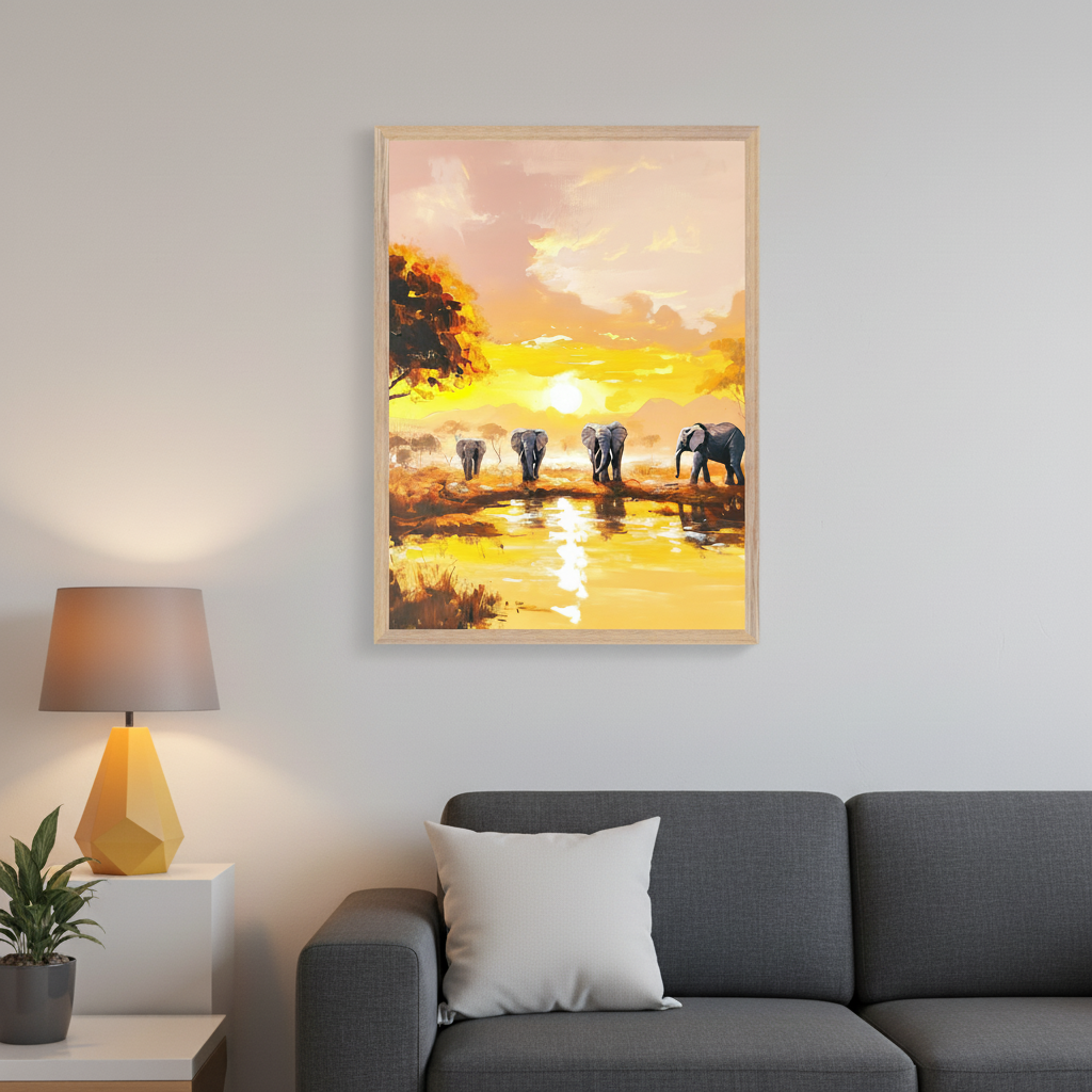 Modern living room with a dark gray sofa, white side table, and lamp. A framed painting of five elephants by a watering hole at a vivid yellow sunset hangs above the sofa.