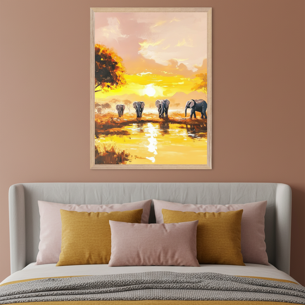 Modern bedroom with a light grey upholstered bed and pink/mustard yellow pillows. A large framed painting depicting elephants at a golden sunset waterhole hangs centered above the headboard.