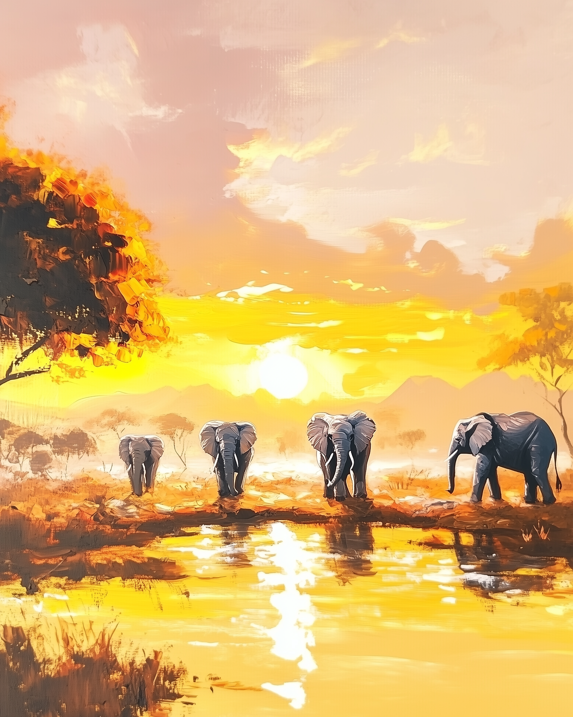 Dramatic landscape painting of five elephants walking along a reflective waterway under a glowing yellow-orange sunset. The silhouettes and vibrant colors evoke a peaceful, majestic moment in the savannah.