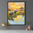 Modern room with a dark gray wall and a white console table. A large framed impasto painting of an elephant family by a river at sunset hangs centered above the table. The artwork features textured brushstrokes and vibrant yellow and orange tones.