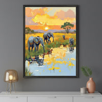 Modern room with a dark gray wall and a white console table. A large framed impasto painting of an elephant family by a river at sunset hangs centered above the table. The artwork features textured brushstrokes and vibrant yellow and orange tones.