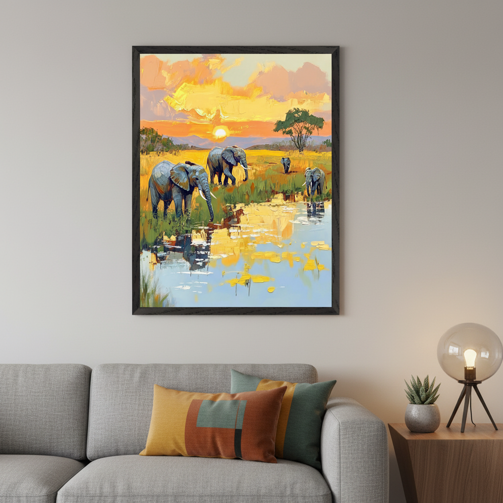 Modern living room with a grey sectional sofa and a wooden side table. A large black-framed painting of elephants in a savanna landscape by a watering hole at sunset, rendered in an impressionistic palette knife style, hangs above the sofa.