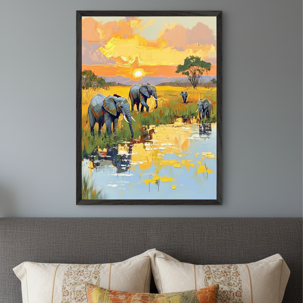 Modern bedroom with a gray upholstered bed and decorative pillows. A large framed impasto painting of elephants at sunset by a watering hole hangs on the gray wall above the bed.