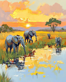Five elephants walking through a grassy wetland, their reflections shimmering in the water beneath a vivid orange and yellow sunset. A lone tree and distant mountains complete the savanna landscape.