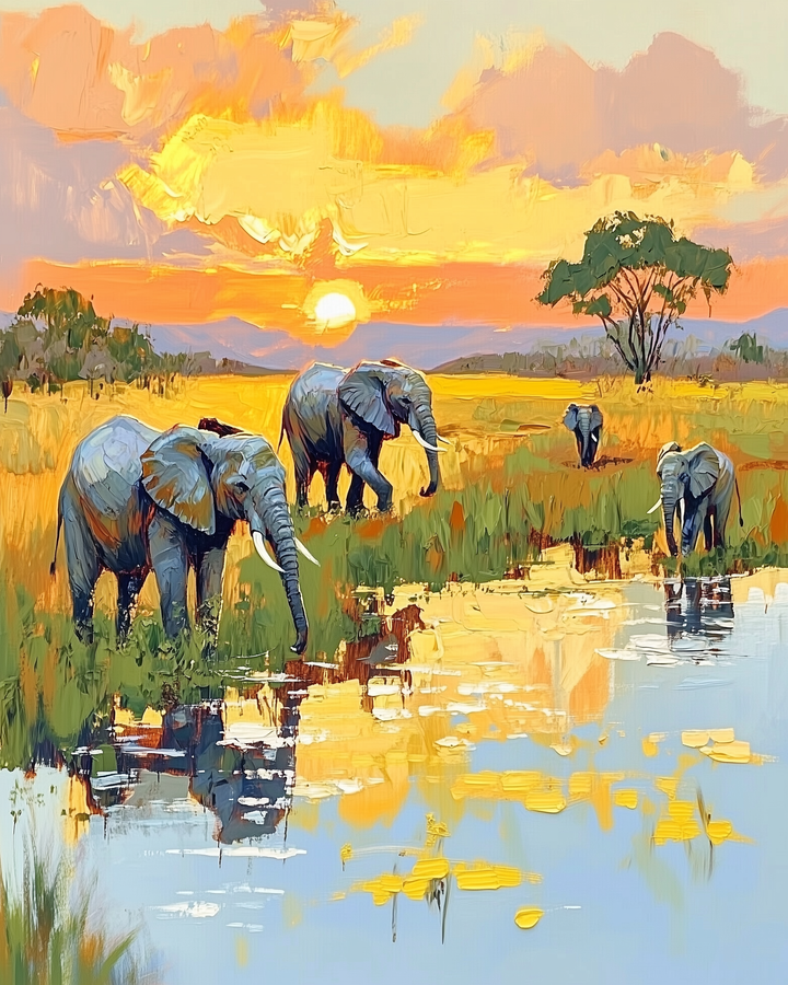 Five elephants walking through a grassy wetland, their reflections shimmering in the water beneath a vivid orange and yellow sunset. A lone tree and distant mountains complete the savanna landscape.