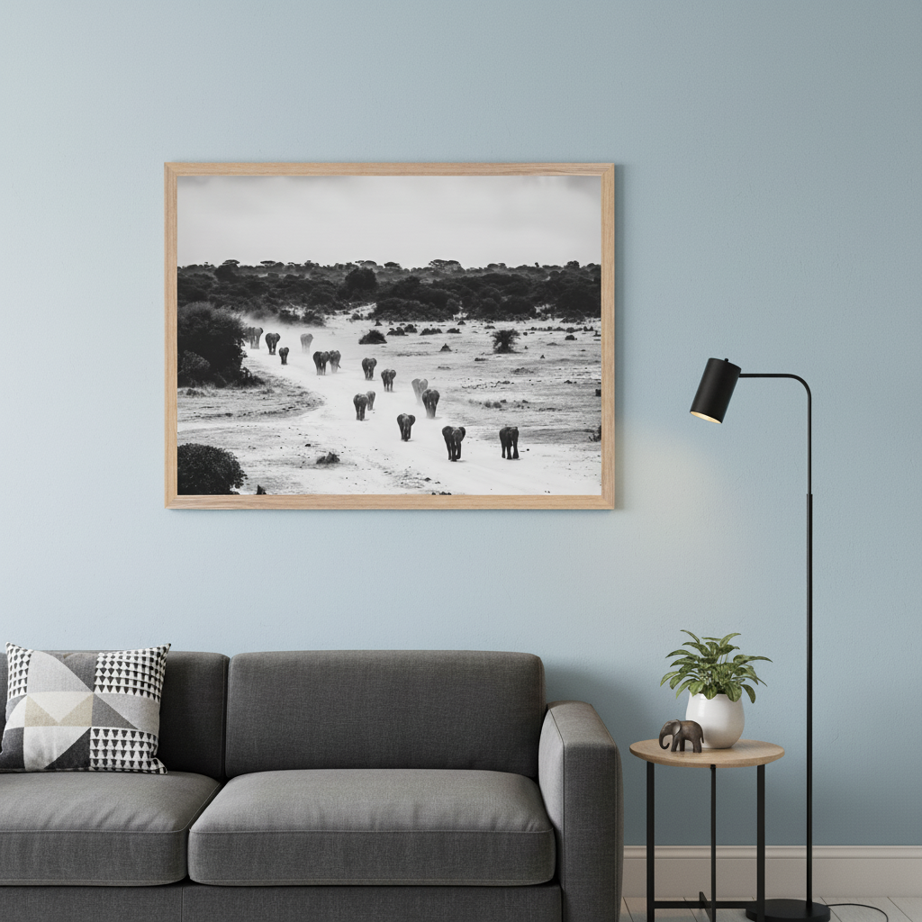 Modern living room with a dark gray sofa. A large wood-framed black and white photo of elephants walking on a dusty road hangs above the sofa. A black floor lamp stands to the right of the sofa, beside a round table with a plant and elephant figurine.