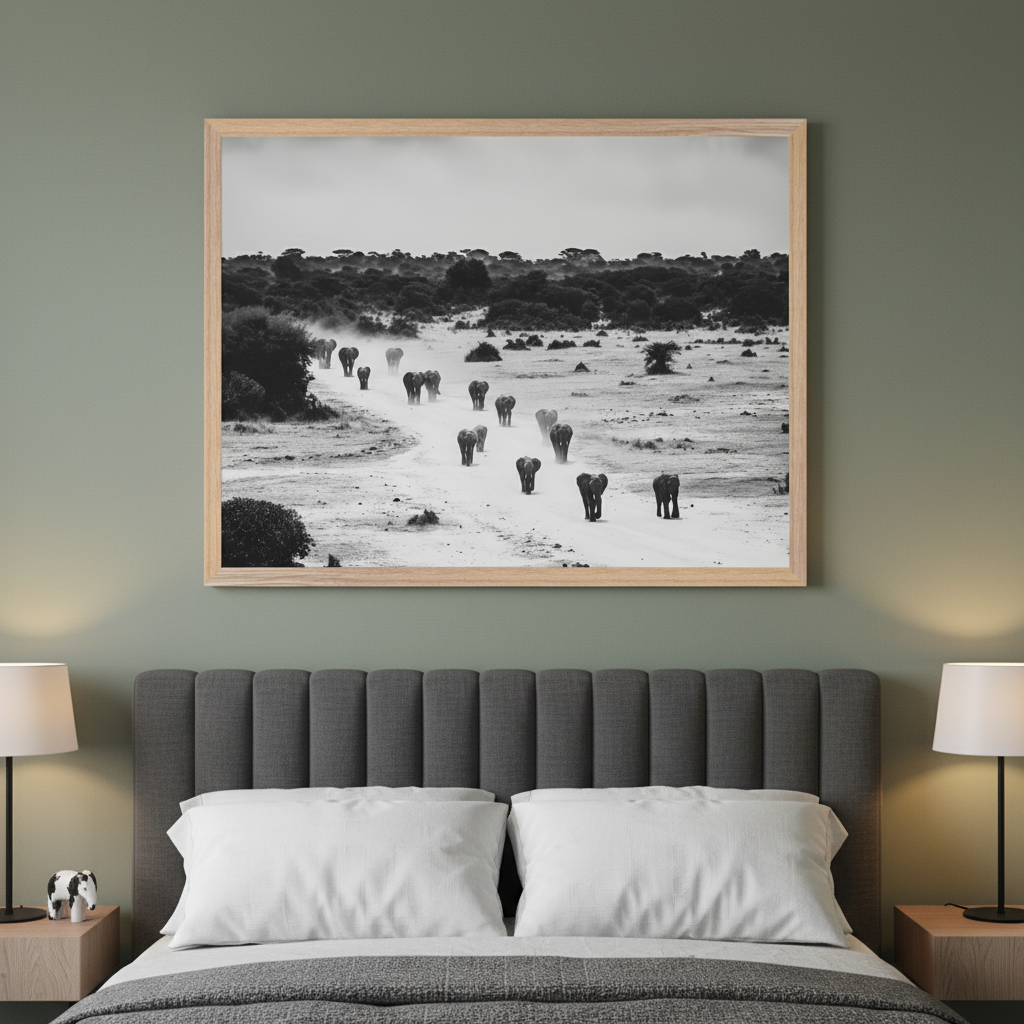 Modern bedroom with a gray upholstered bed. A large framed black and white photograph of a herd of elephants walking on a dirt road hangs centered above the bed.