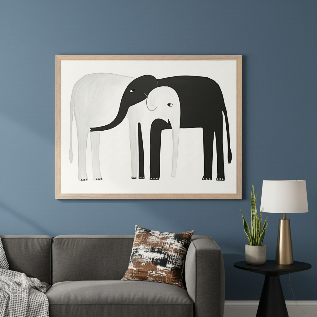 Modern living room with a gray sofa and black side table. A large framed print of two stylized elephants hangs above the sofa: a white elephant intertwined with a black elephant, each having a smaller, contrasting-colored elephant within its form.