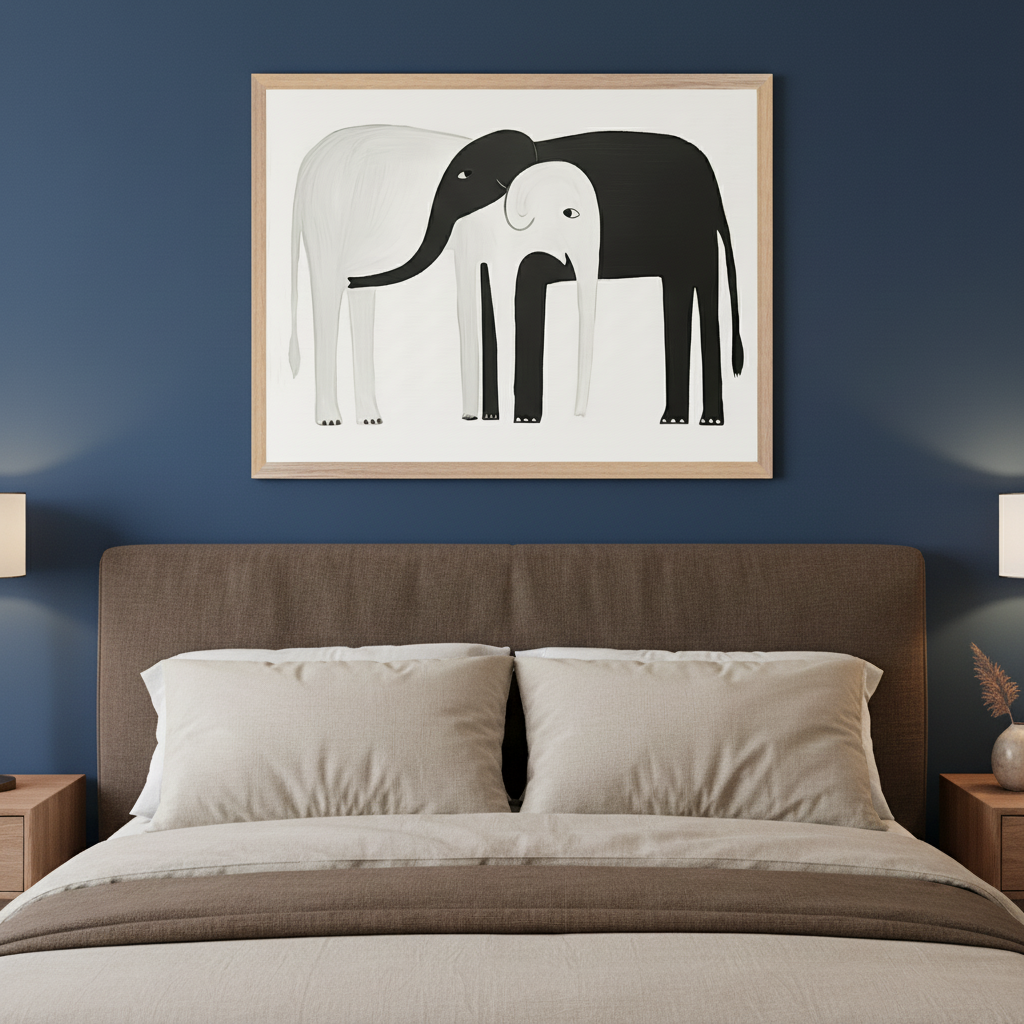Modern bedroom with a brown upholstered bed. A large framed black and white illustration of two stylized elephants, one white and one black, each with the head of the opposite color, embracing with their trunks, hangs centered above the bed.