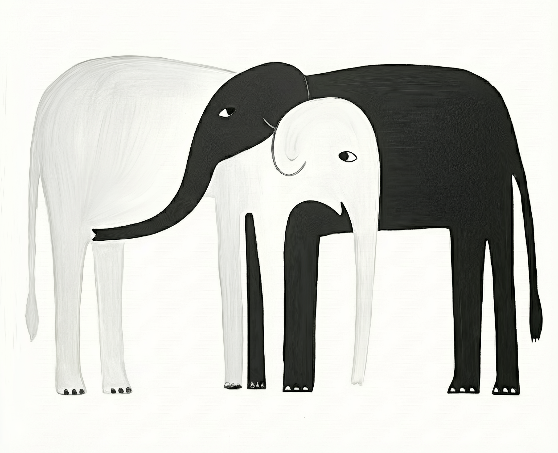 Minimalist illustration of two elephants, one black and one white, affectionately touching trunks with mirrored color blocking. The simple composition reflects unity and balance.