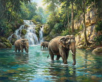 Detailed jungle painting of elephants bathing in a tropical waterfall surrounded by rocks and tall green trees ideal for exotic nature wall art décor
