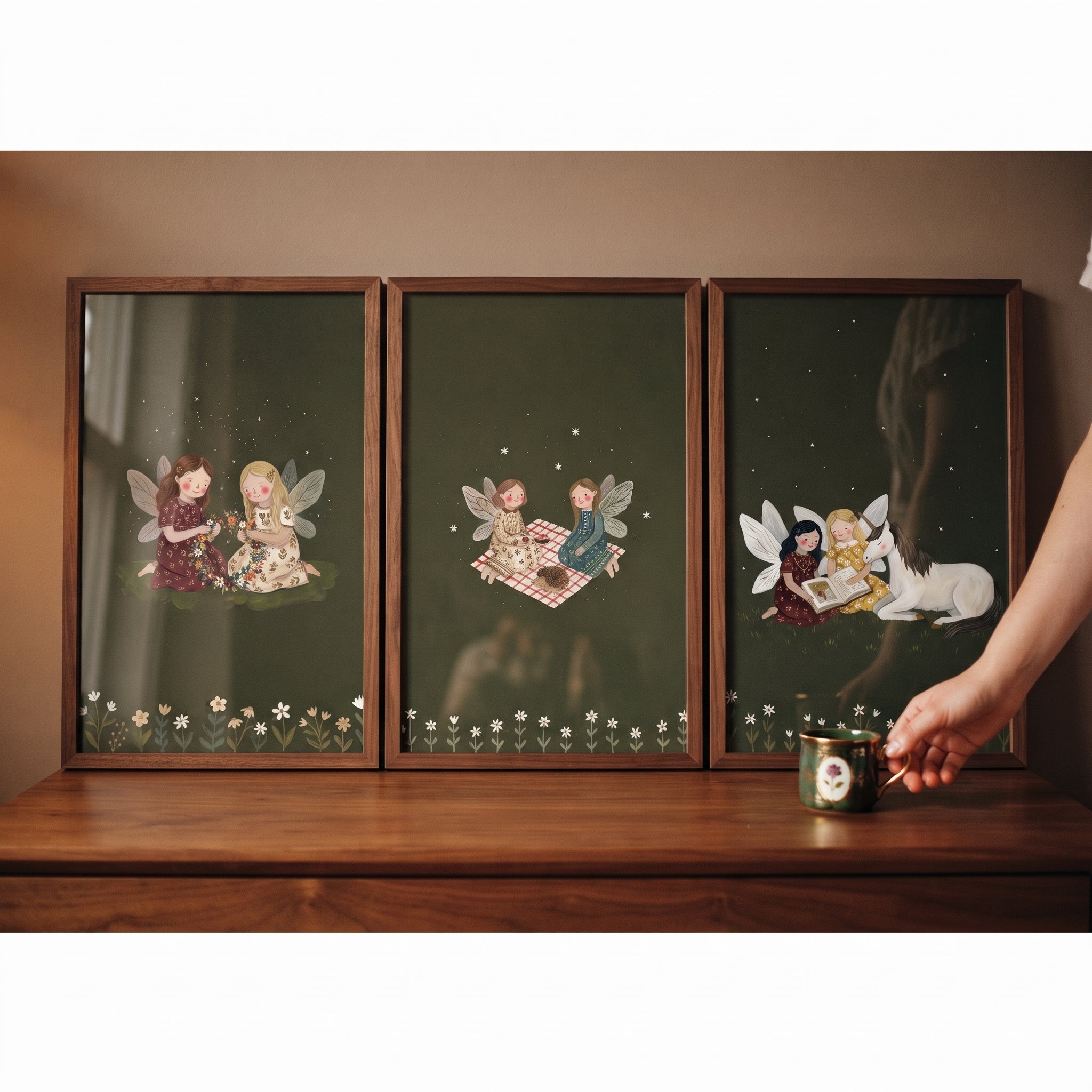 Emerald Green Forest Fairies Wall Art Set of 3 - Magical Forest Moments