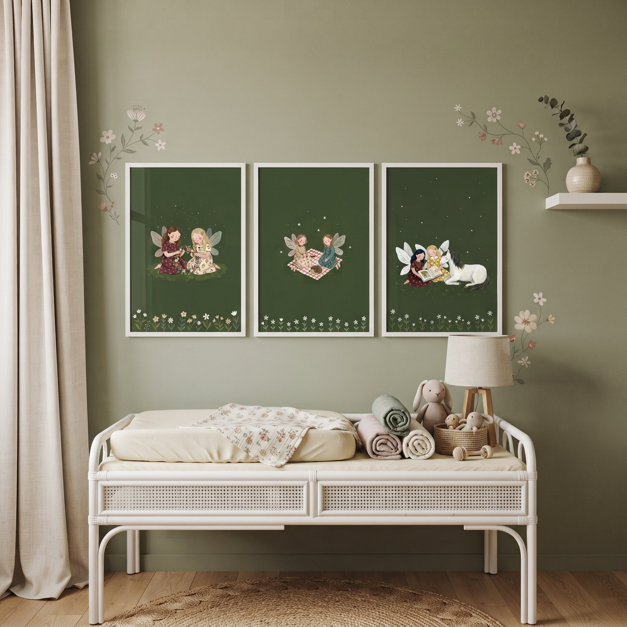 Emerald Green Forest Fairies Wall Art Set of 3 - Magical Forest Moments