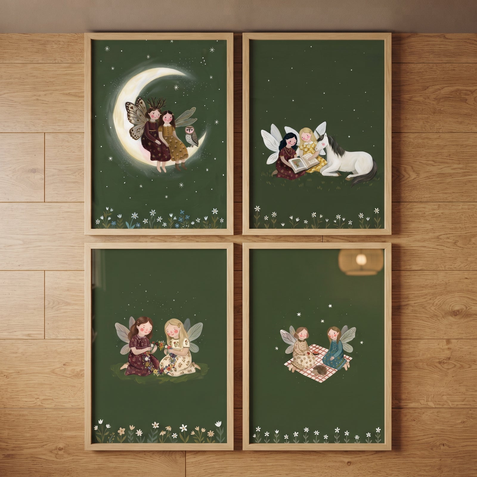 Emerald green starry fairies wall art set of 4 features whimsical fairy scenes with animals on a wooden background.