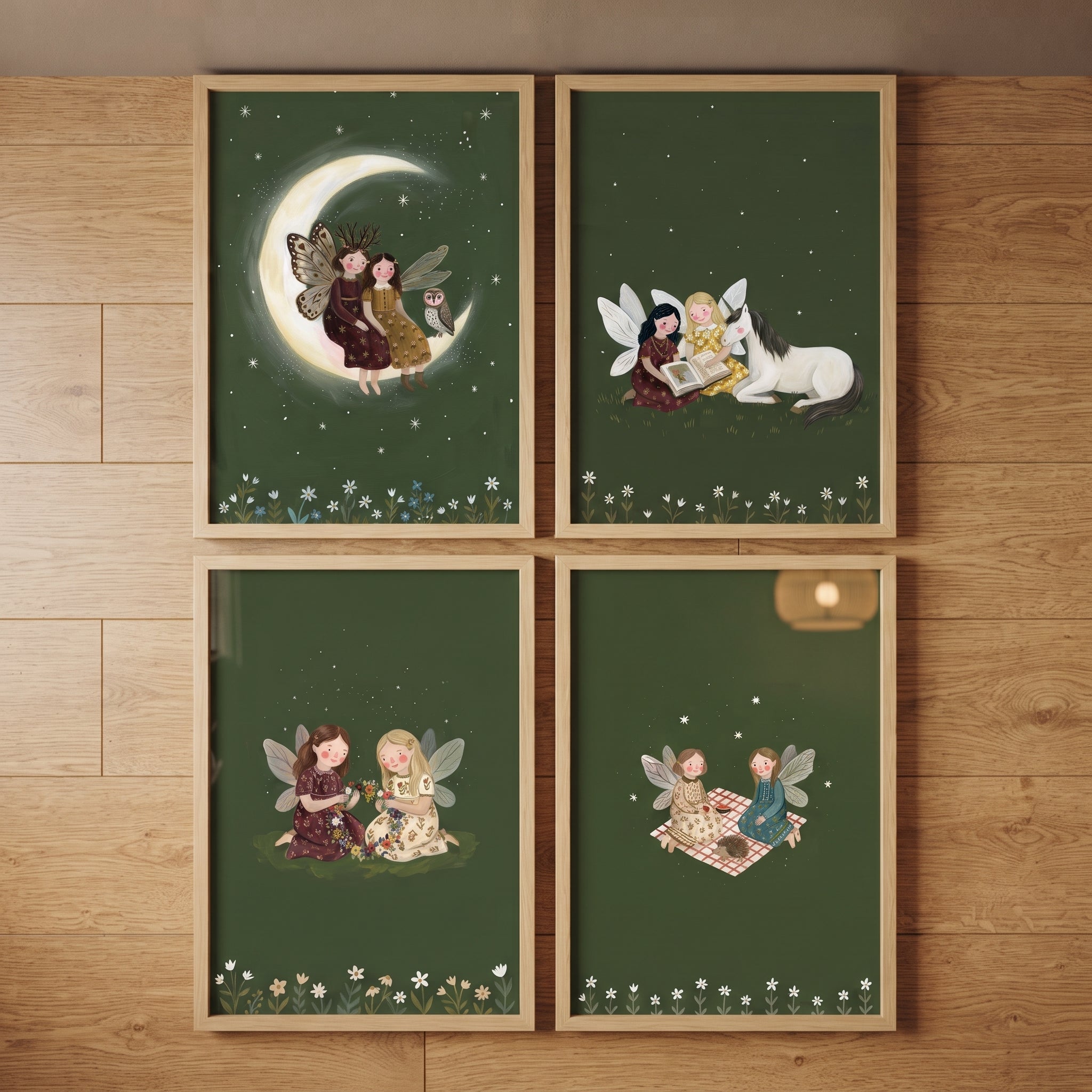 Emerald Green Starry Fairies Wall Art Set of 4 - Fairy Forest Tales