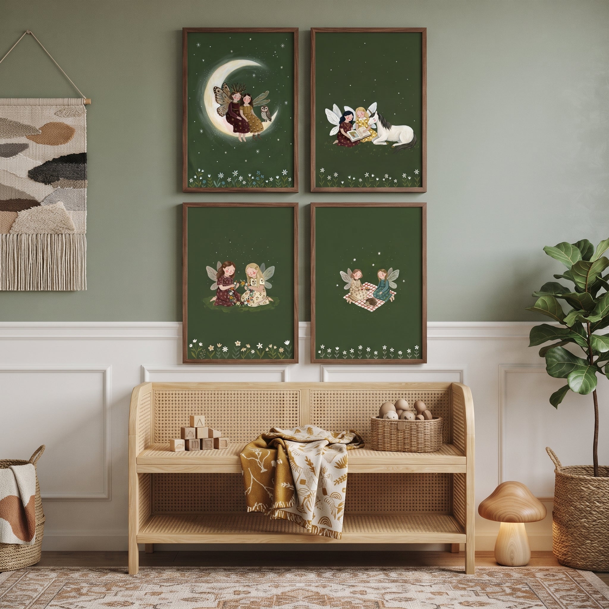 Emerald Green Starry Fairies Wall Art Set of 4 - Fairy Forest Tales