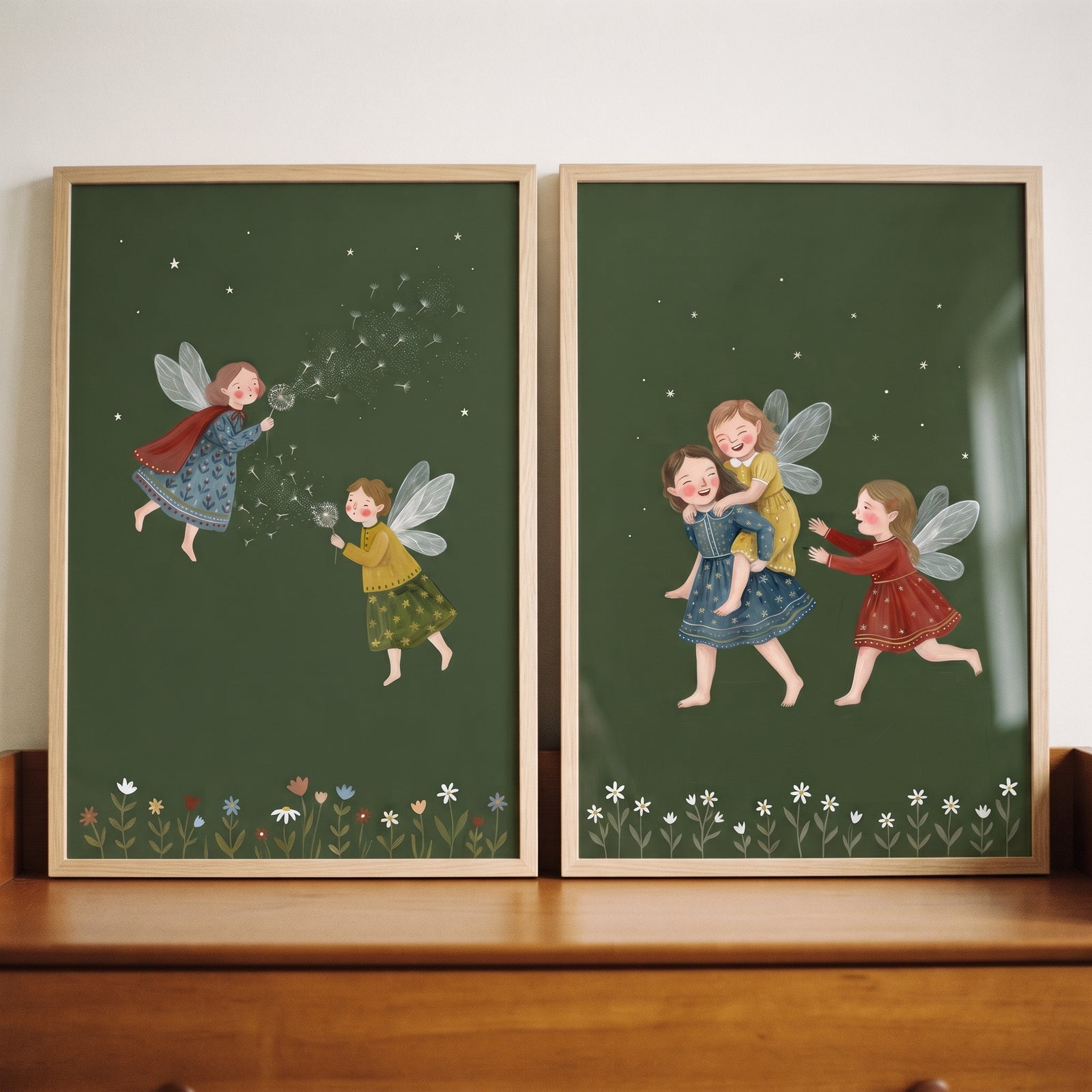 Emerald green whimsical fairies wall art set of 2 with winged girls blowing dandelion seeds and playing together.
