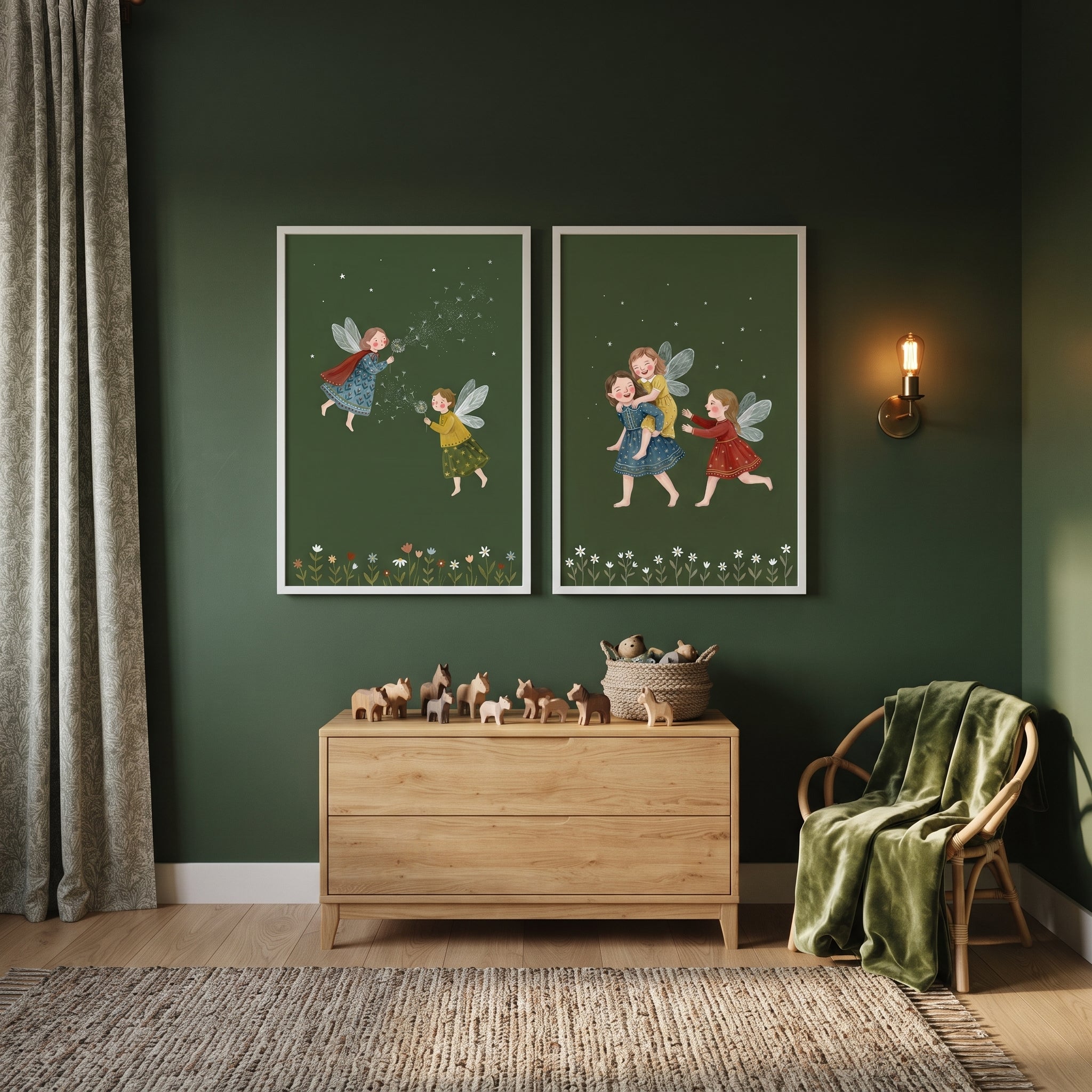 Emerald Green Whimsical Fairies Wall Art Set of 2 - Dandelion Dust Dreams