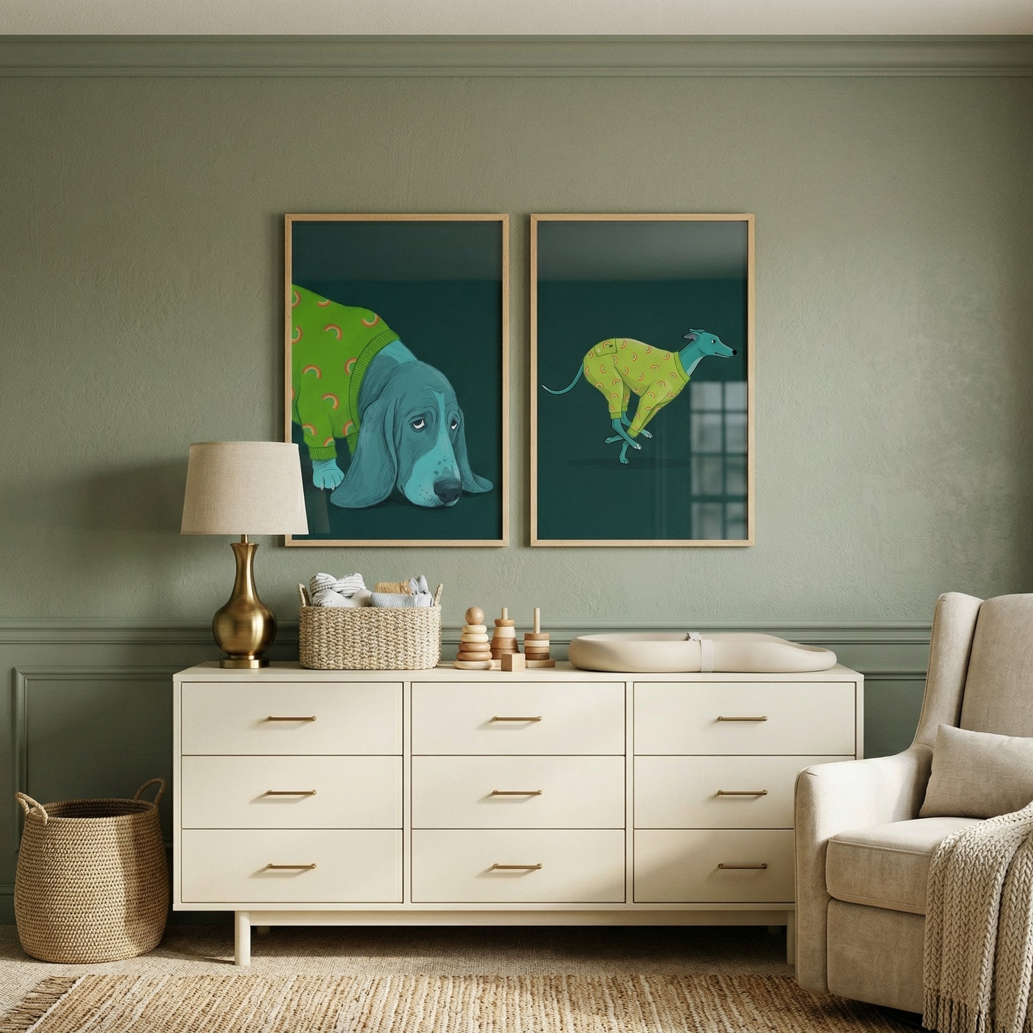 Emerald Rainbow Sweater Dog Wall Art Set of 2 - Blue Hound Duo