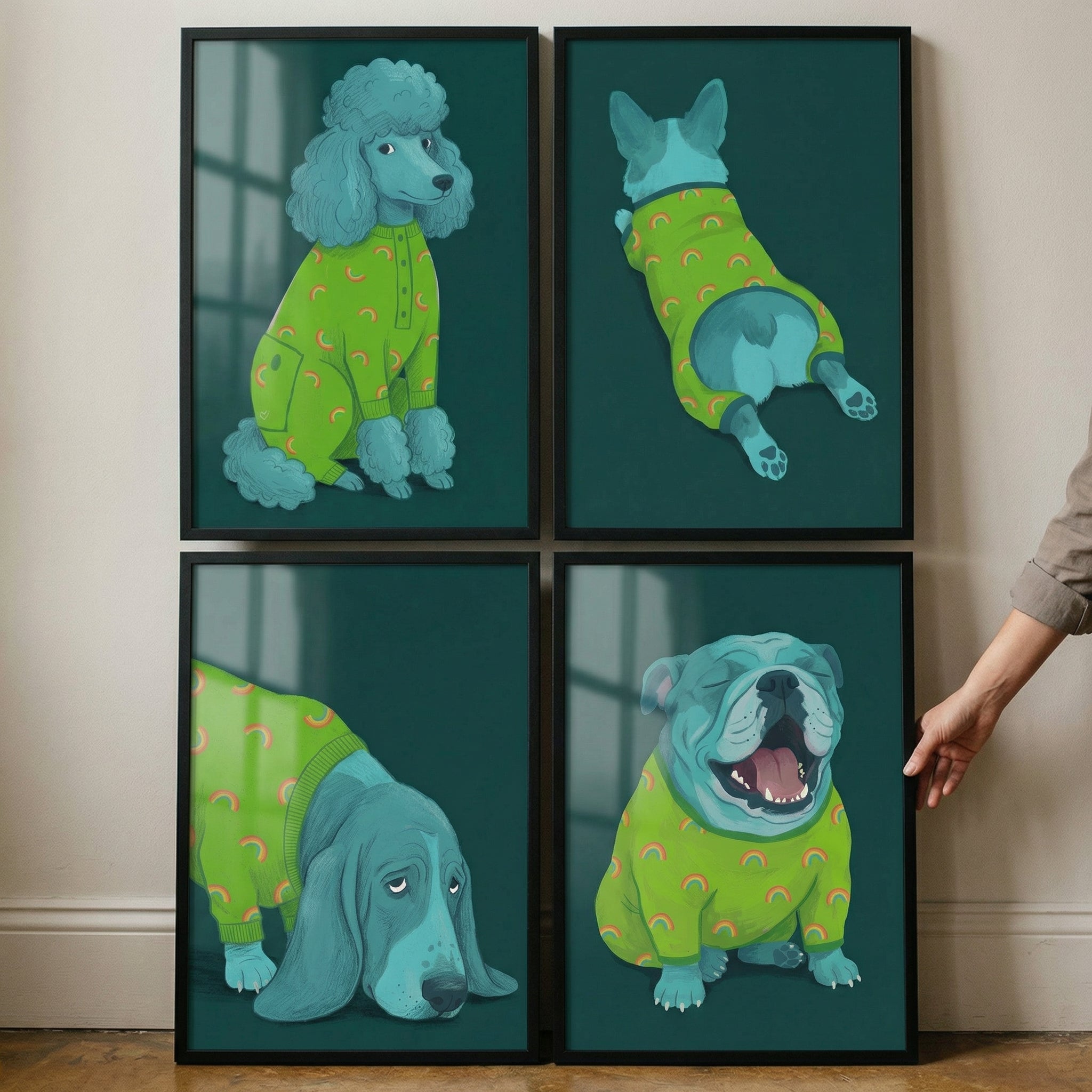 Emerald Teal Rainbow Dog Wall Art Set of 4 - Sleepy Rainbow Hounds