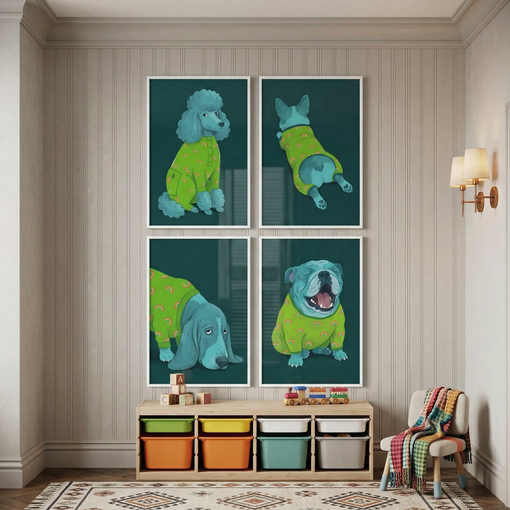 Emerald Teal Rainbow Dog Wall Art Set of 4 - Sleepy Rainbow Hounds