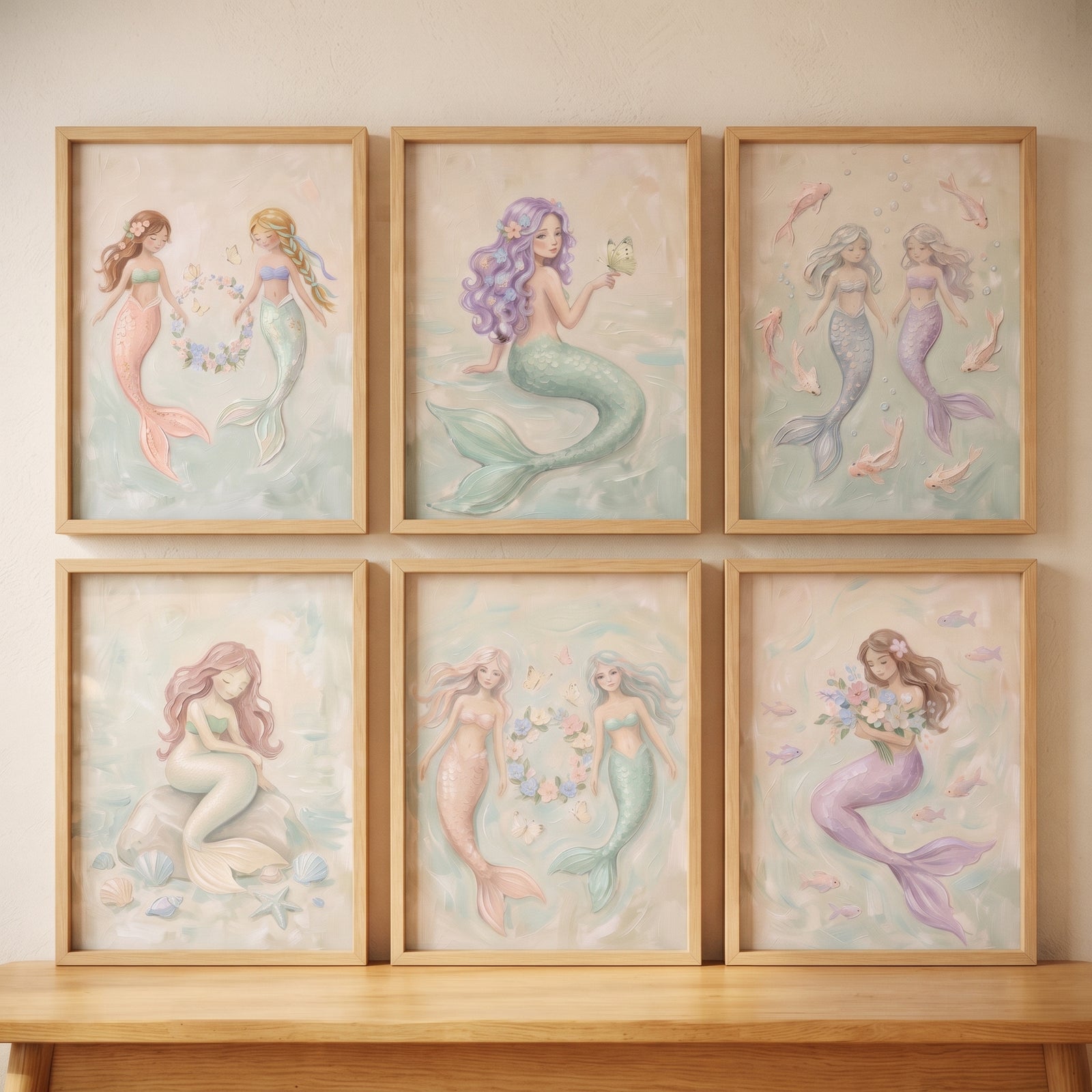 Enchanted aquatic mermaid artwork set of 6. A grid of six pastel mermaid illustrations in light wood frames on a wall.