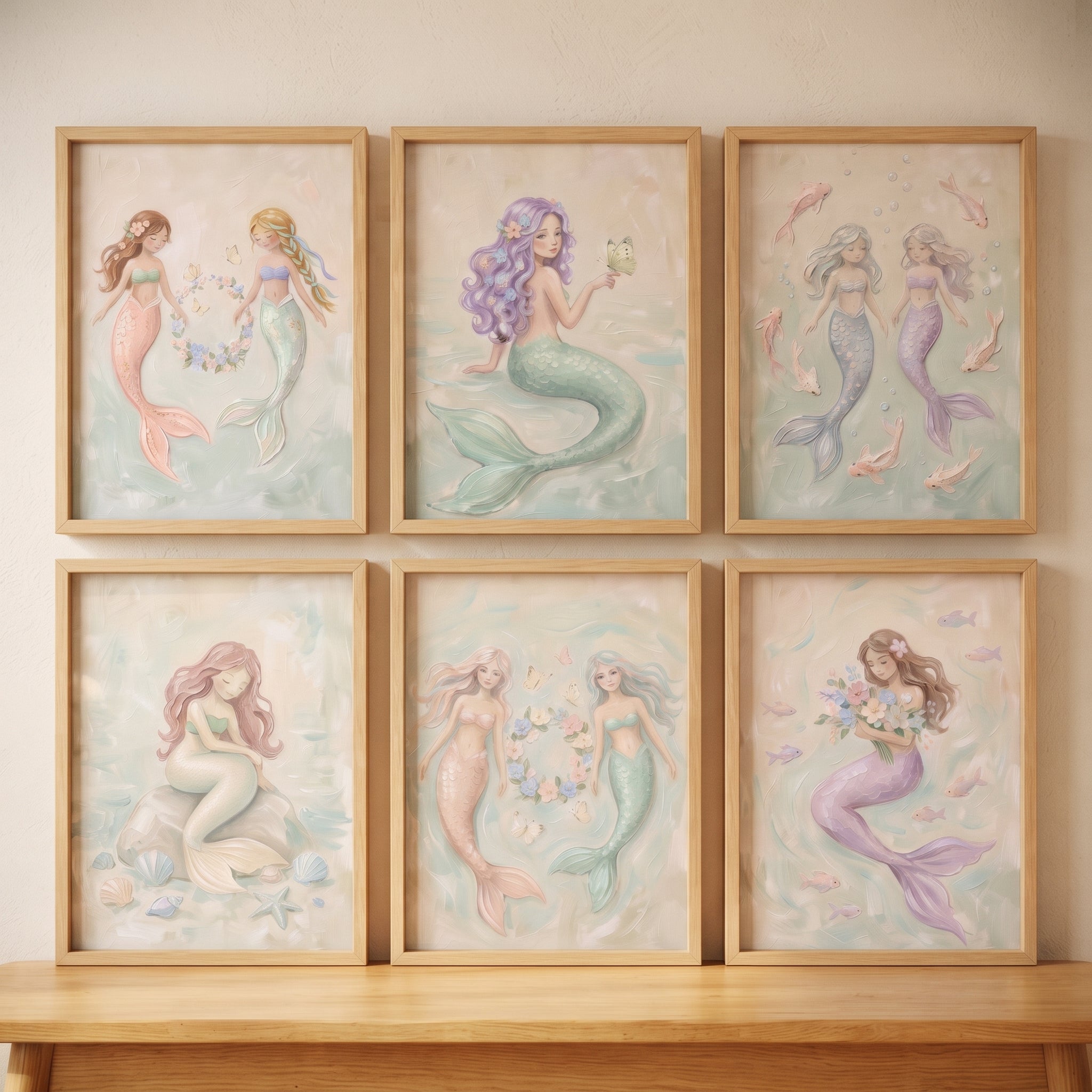 Enchanted Aquatic Mermaid Artwork Set of 6 - Serene Ocean Spirits