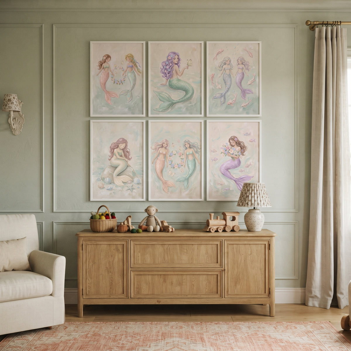 Enchanted Aquatic Mermaid Artwork Set of 6 - Serene Ocean Spirits