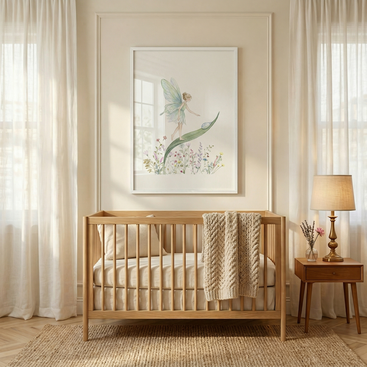 A serene nursery features a light-toned wooden crib centered under a large framed illustration. The artwork shows a delicate fairy with translucent wings standing on a slender green leaf among soft wildflowers. The room has creamy beige walls with elegant molding and windows with sheer white curtains. To the right, a wooden side table holds a simple lamp and a small floral vase. A natural textured rug over light wood floors completes the peaceful and minimalist aesthetic.