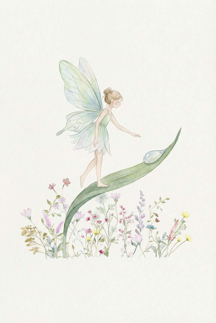 Watercolor illustration of a fairy with pale green wings balancing on a curved leaf above a field of small pastel flowers with a dew drop nearby. The light and dreamy details create a sense of gentle movement and fantasy.
