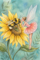 Soft watercolor illustration of a tiny winged fairy in a pink petal dress standing on a green leaf beside a large bumblebee perched on a bright yellow sunflower. The fairy leans close to the bee with her hands near her mouth as if whispering while translucent wings, soft teal background washes, and scattered golden specks give the scene a dreamy magical feel.
