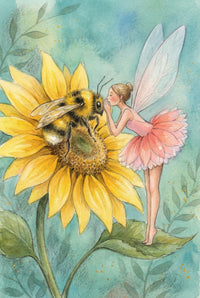 Soft watercolor illustration of a tiny winged fairy in a pink petal dress standing on a green leaf beside a large bumblebee perched on a bright yellow sunflower. The fairy leans close to the bee with her hands near her mouth as if whispering while translucent wings, soft teal background washes, and scattered golden specks give the scene a dreamy magical feel.
