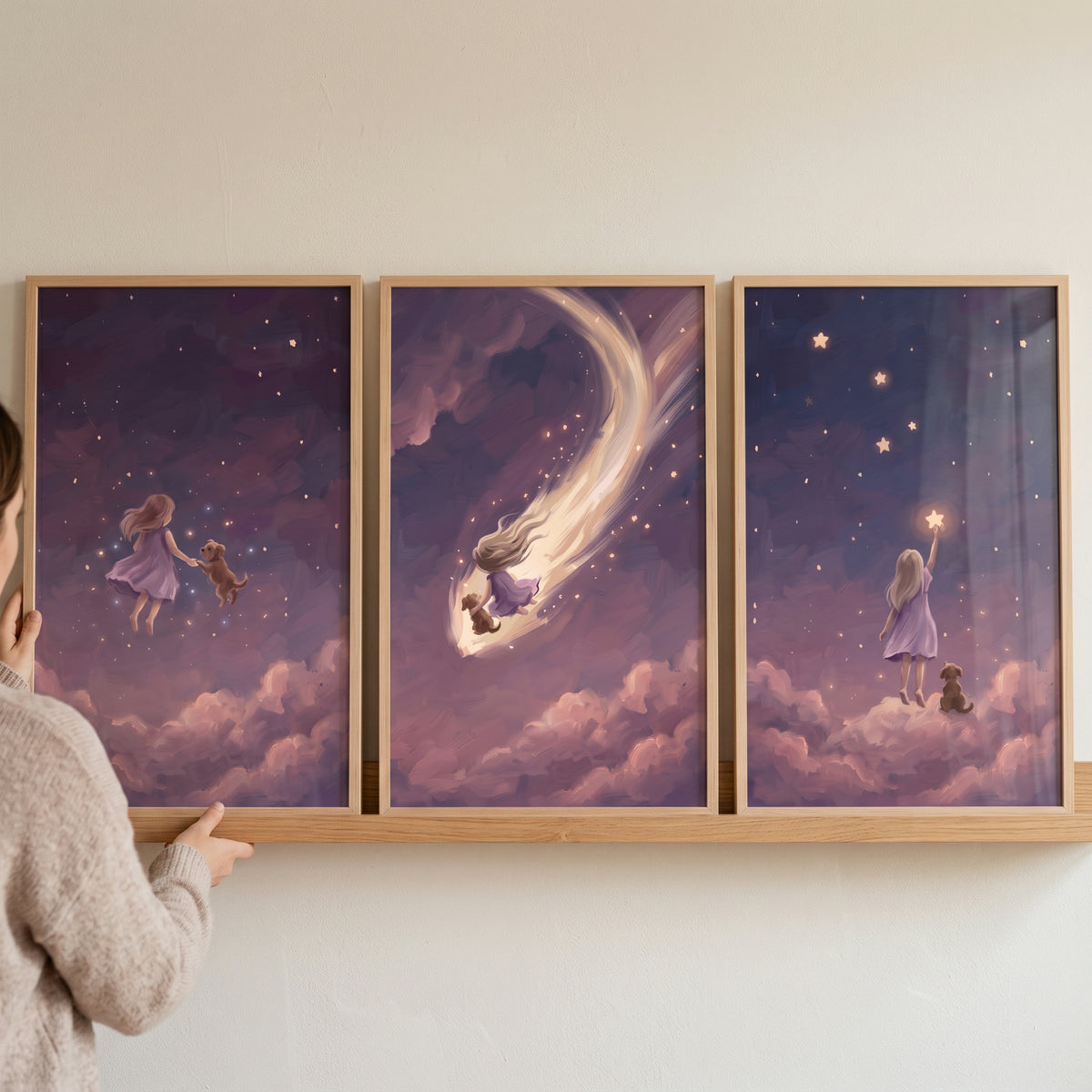 Enchanted Lavender Girl Dog Wall Art Set of 3 - Starlight Night Journey