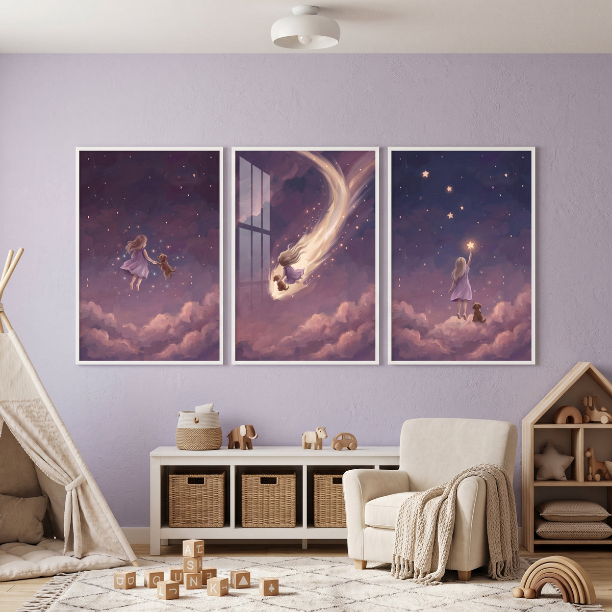 Enchanted Lavender Girl Dog Wall Art Set of 3 - Starlight Night Journey