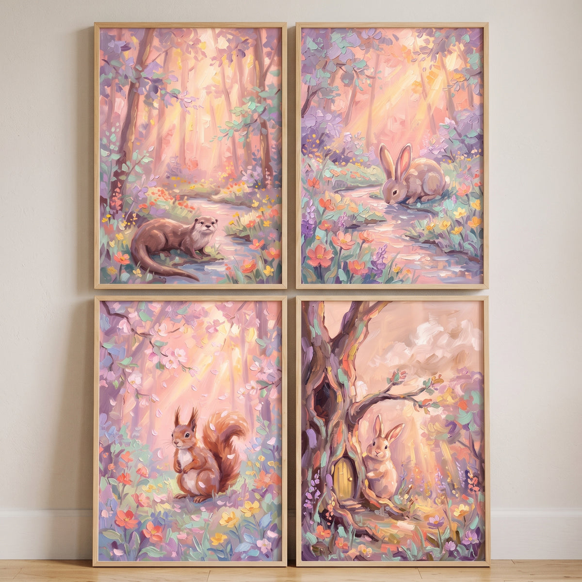 Enchanted pink woodland animals wall art set of 4 featuring an otter, squirrel, and rabbits in pastel forest scenes.