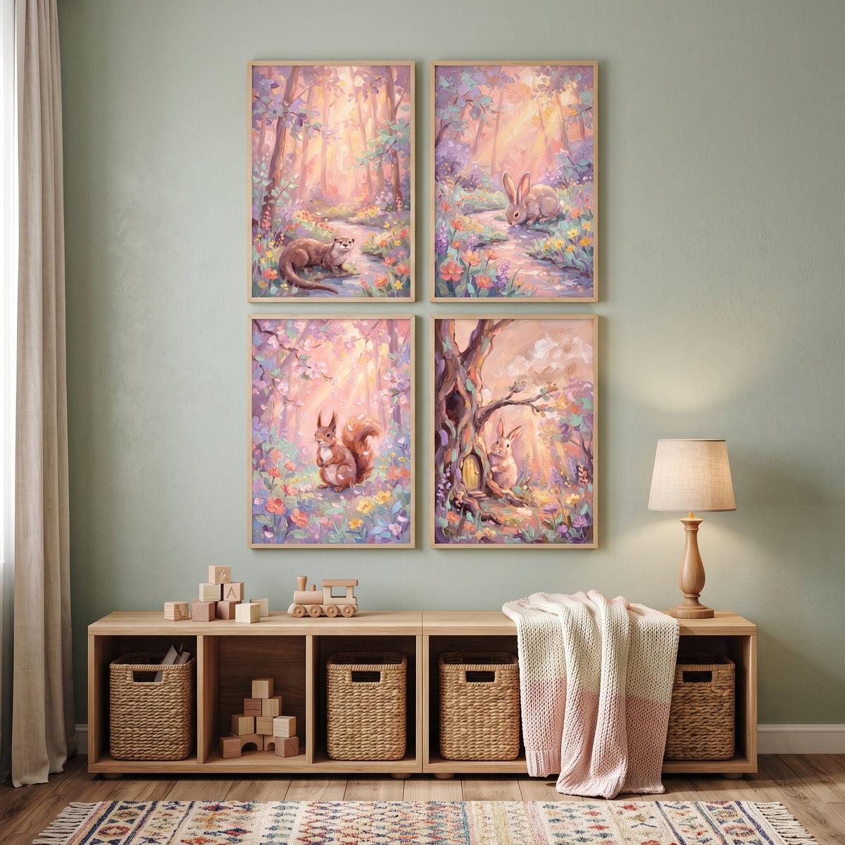 Enchanted Pink Woodland Animals Wall Art Set of 4 - Enchanted Forest Light