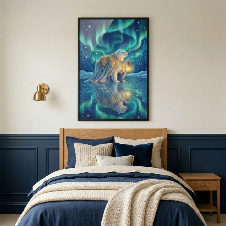 A vertical framed artwork hangs in the center of a bedroom wall above a wooden bed frame. The art features a white bear in decorative golden robes, holding a lantern under a shimmering aurora borealis, with its reflection visible on a clear surface below. The bed is layered with navy blue bedding, cream-colored pillows, and a chunky knit throw. To the left is a brass wall light, and to the right is a wooden nightstand. The lower wall has dark blue decorative paneling.
