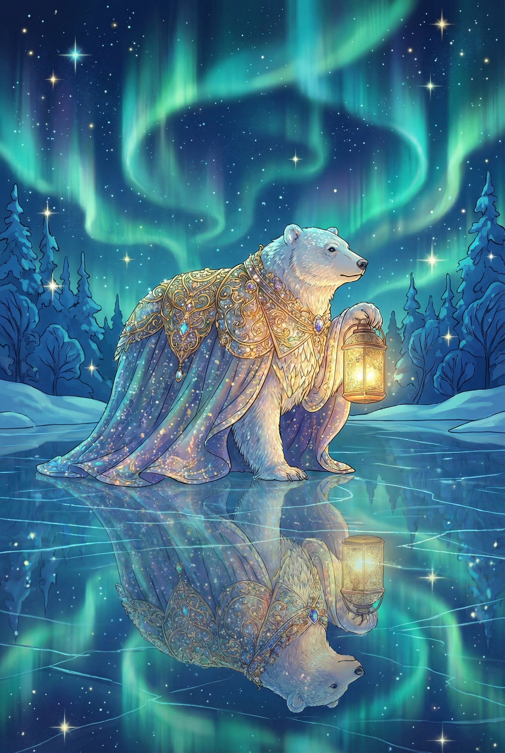 Enchanted Polar Bear Wall Art - Arctic Lantern Guardian
