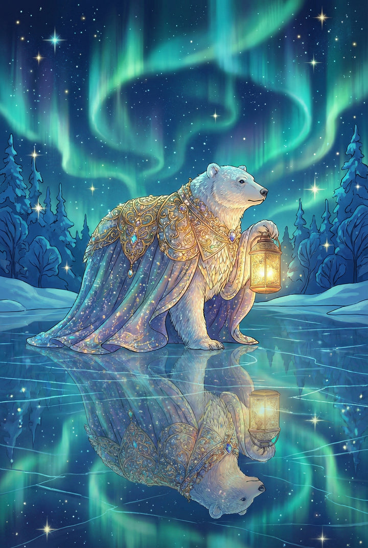Fantasy wall art print of a white polar bear wearing an ornate blue and gold celestial cloak and holding a glowing lantern while standing on a frozen lake. Green northern lights ripple across the star filled sky above dark pine trees and the bears reflection shines in the ice below.
