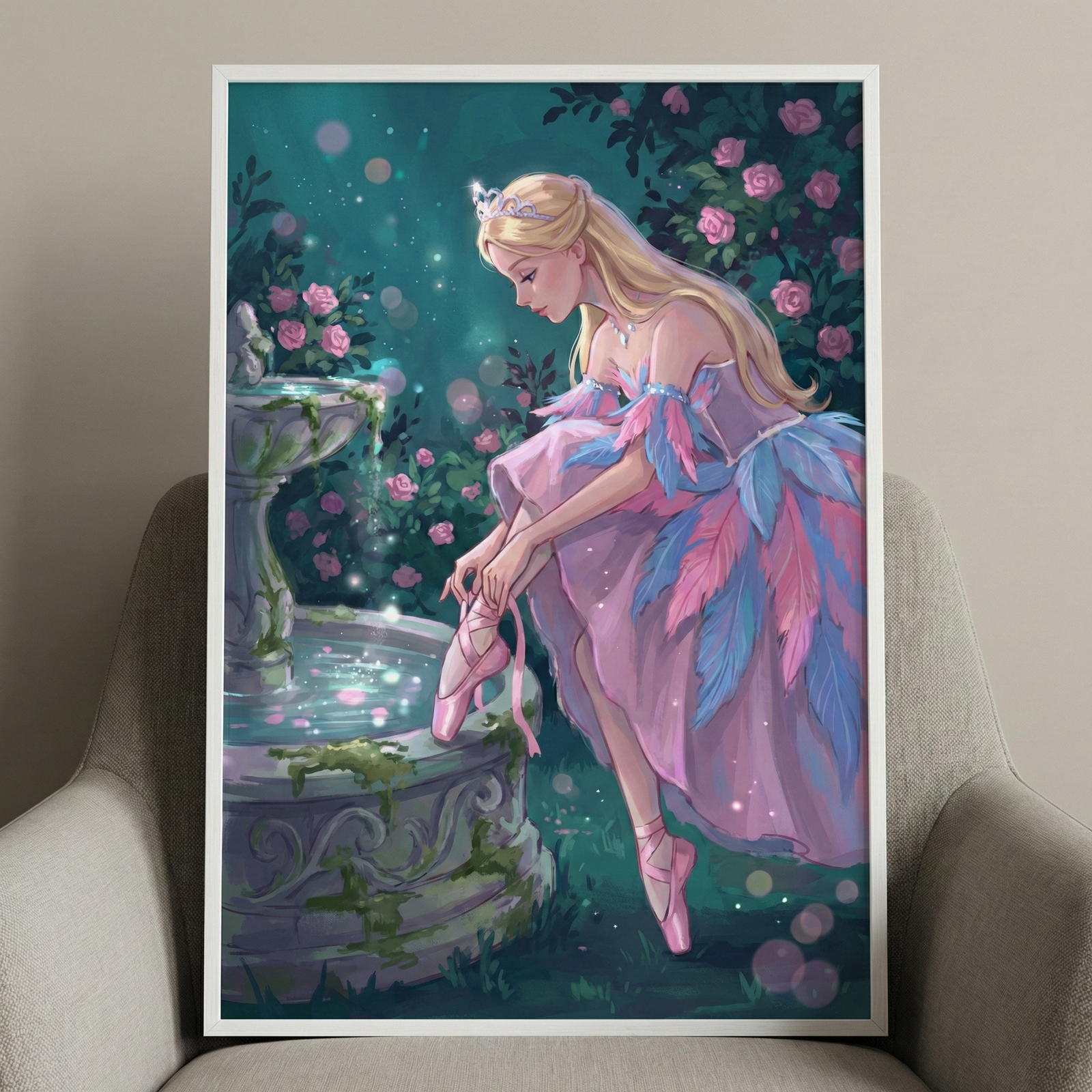 A digital illustration of a fair-skinned woman with long blonde hair and a tiara, dressed in a layered pink gown with large blue and pink feathers. She sits on the edge of an old stone fountain, putting on pink ballet shoes. The fountain is decorated with moss and its water glows with soft light. The scene is set in a dark garden filled with blooming pink roses and small, sparkling points of light, giving it a whimsical, fairytale quality.