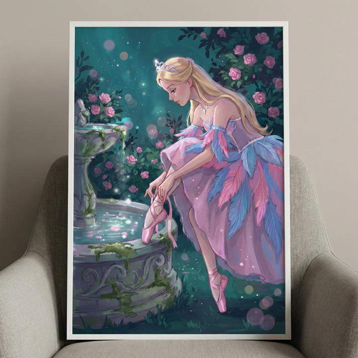 A digital illustration of a fair-skinned woman with long blonde hair and a tiara, dressed in a layered pink gown with large blue and pink feathers. She sits on the edge of an old stone fountain, putting on pink ballet shoes. The fountain is decorated with moss and its water glows with soft light. The scene is set in a dark garden filled with blooming pink roses and small, sparkling points of light, giving it a whimsical, fairytale quality.