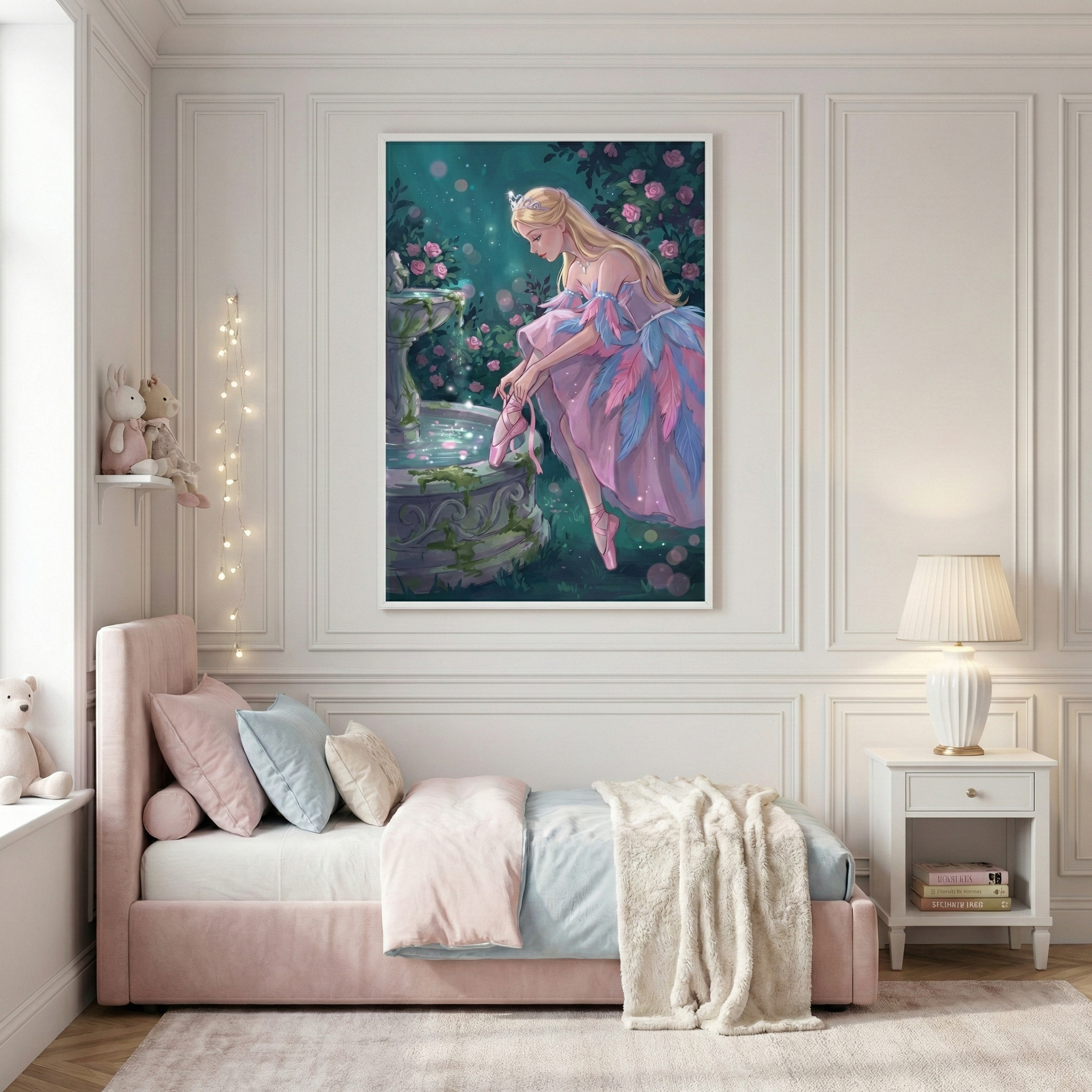 An elegantly decorated child's bedroom features a bed with a pink velvet frame and pastel pillows. Above hangs a large framed illustration of a blonde woman in a flowing pink and blue gown, sitting by an ornate fountain in a magical forest filled with pink flowers. To the left, a small shelf holds plush toys and fairy lights. A white nightstand with a lamp and books sits to the right. The room has white paneled walls and a soft rug.