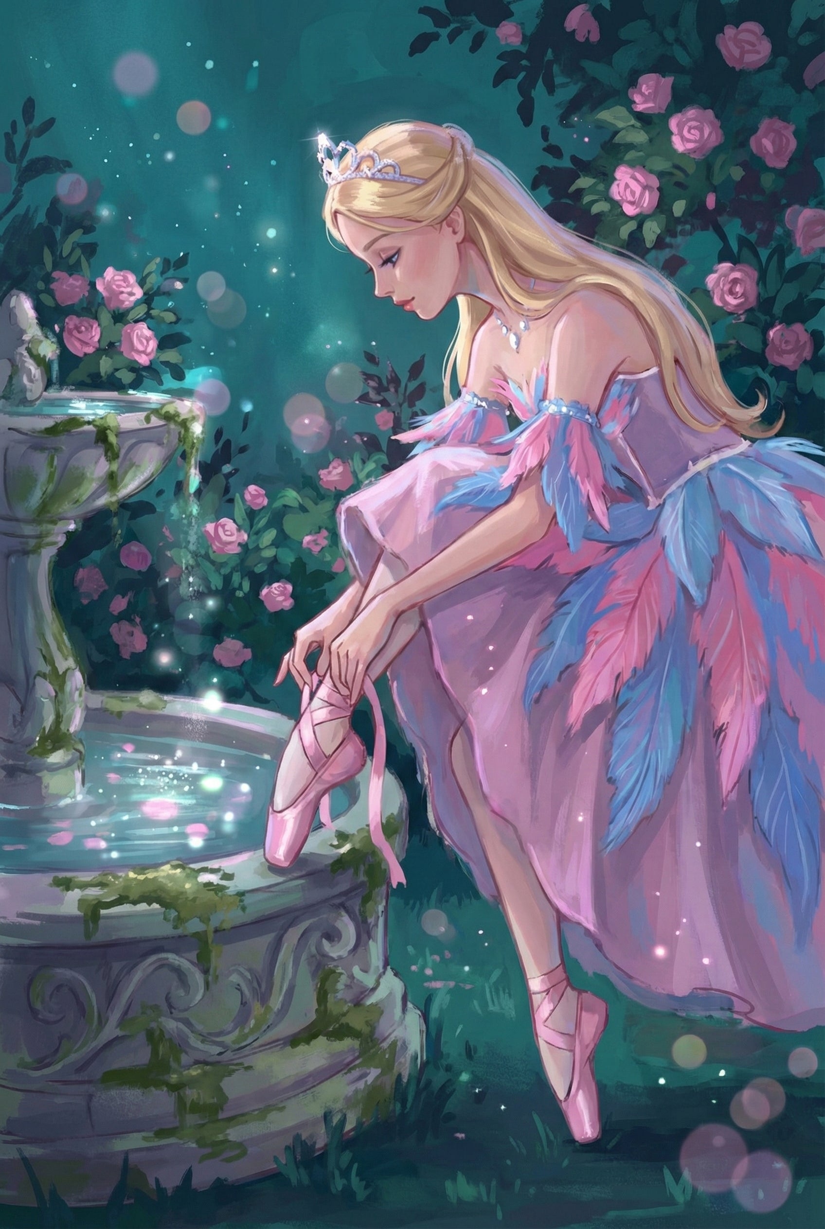  A graceful ballerina in a pastel feathered gown sits beside a moss covered stone fountain, adjusting her pink pointe shoe. Pink roses bloom behind her and glowing lights reflect on the water, creating a romantic storybook garden scene.