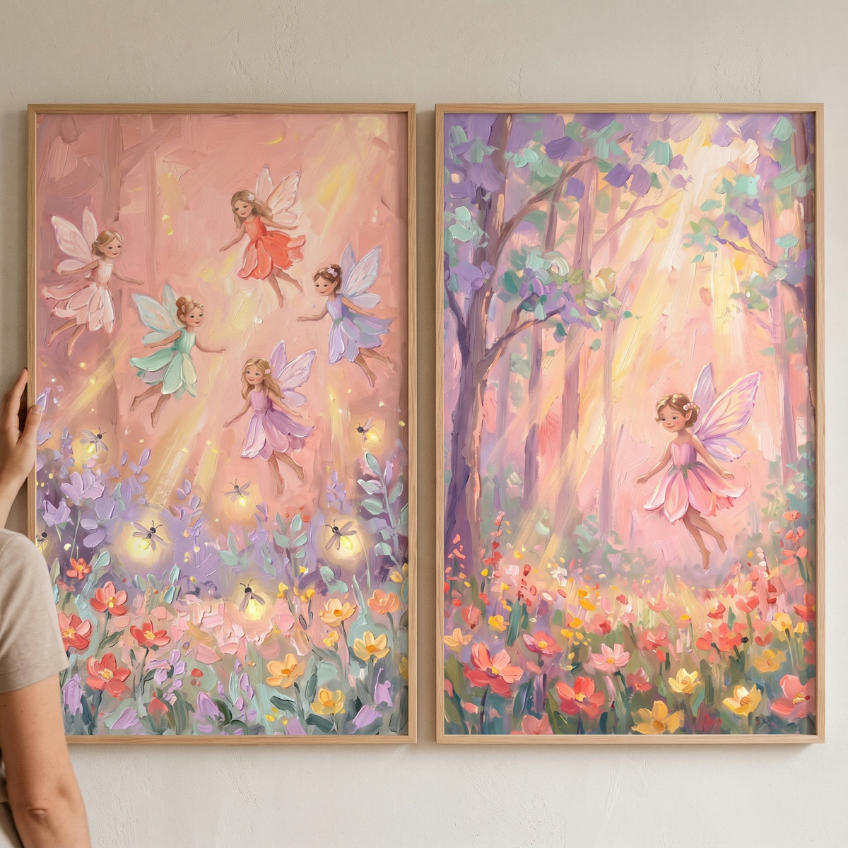 Enchanted Sunbeam Fairies Forest Wall Art Set of 2 - Whimsical Fairy Flight